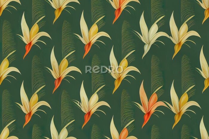 Papier peint  Beach cheerful seamless pattern wallpaper of tropical dark green leaves of palm trees and flowers bird of paradise strelitzia plumeria on a light yellow background. High quality illustration