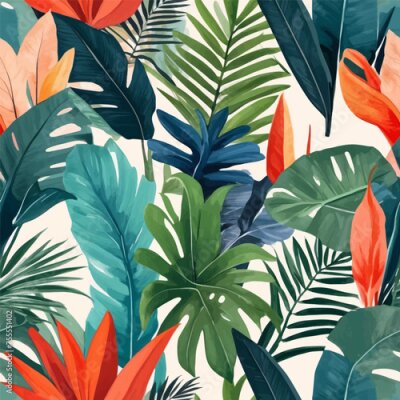 Papier peint  Beach cheerful seamless pattern wallpaper of tropical dark green leaves of palm trees and flowers bird of paradise (strelitzia) plumeria on a watercolor background