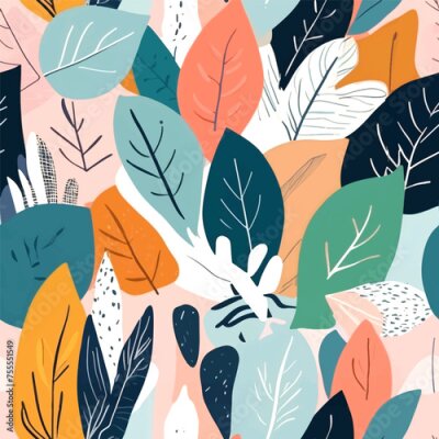 Papier peint  Beach cheerful seamless pattern wallpaper of tropical dark green leaves of palm trees and flowers bird of paradise (strelitzia) plumeria on a watercolor background