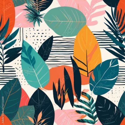 Papier peint  Beach cheerful seamless pattern wallpaper of tropical dark green leaves of palm trees and flowers bird of paradise (strelitzia) plumeria on a watercolor background