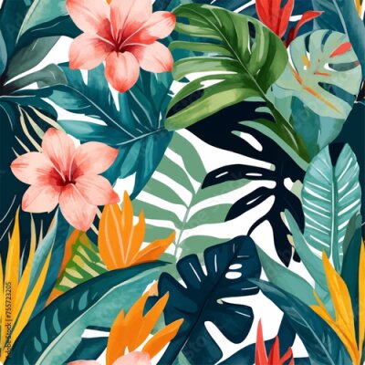 Papier peint  Beach cheerful seamless pattern wallpaper of tropical dark green leaves of palm trees and flowers bird of paradise (strelitzia) plumeria on a watercolor background