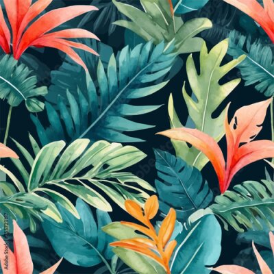 Papier peint  Beach cheerful seamless pattern wallpaper of tropical dark green leaves of palm trees and flowers bird of paradise (strelitzia) plumeria on a watercolor background
