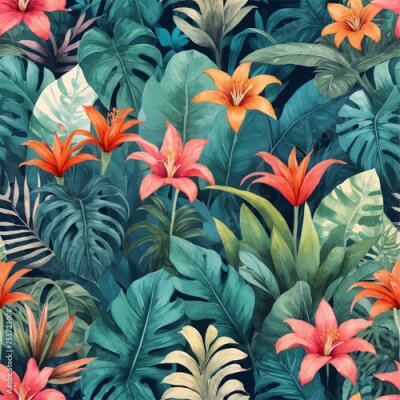 Papier peint  Beach cheerful seamless pattern wallpaper of tropical dark green leaves of palm trees and flowers bird of paradise (strelitzia) plumeria on a watercolor background