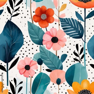 Papier peint  Beach cheerful seamless pattern wallpaper of tropical dark green leaves of palm trees and flowers bird of paradise (strelitzia) plumeria on a watercolor background