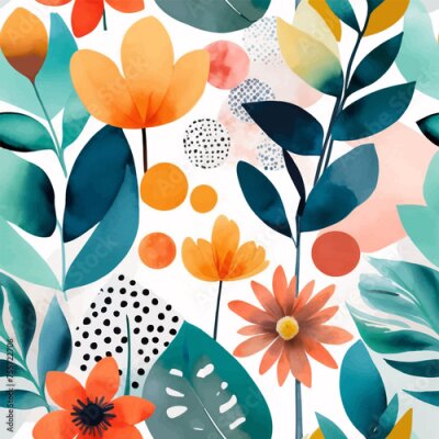 Papier peint  Beach cheerful seamless pattern wallpaper of tropical dark green leaves of palm trees and flowers bird of paradise (strelitzia) plumeria on a watercolor background