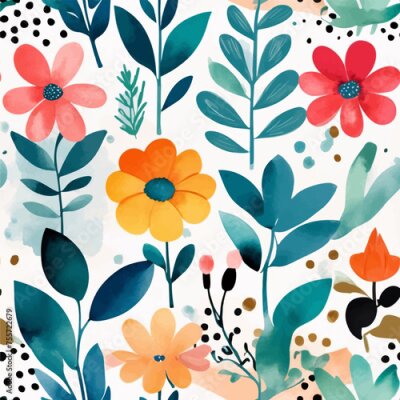 Papier peint  Beach cheerful seamless pattern wallpaper of tropical dark green leaves of palm trees and flowers bird of paradise (strelitzia) plumeria on a watercolor background