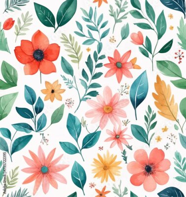 Papier peint  Beach cheerful seamless pattern wallpaper of tropical dark green leaves of palm trees and flowers bird of paradise (strelitzia) plumeria on a watercolor background