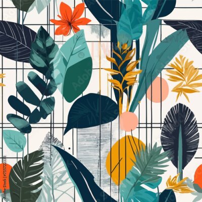 Papier peint  Beach cheerful seamless pattern wallpaper of tropical dark green leaves of palm trees and flowers bird of paradise (strelitzia) plumeria on a watercolor background