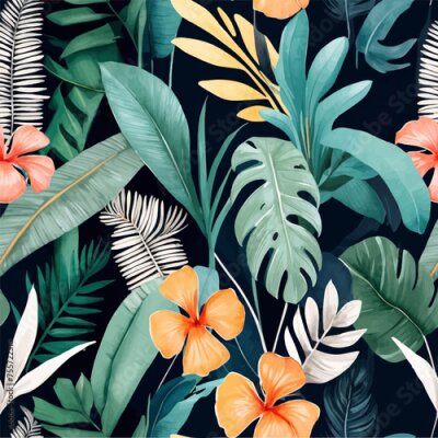 Papier peint  Beach cheerful seamless pattern wallpaper of tropical dark green leaves of palm trees and flowers bird of paradise (strelitzia) plumeria on a watercolor background
