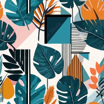 Papier peint  Beach cheerful seamless pattern wallpaper of tropical dark green leaves of palm trees and flowers bird of paradise (strelitzia) plumeria on a watercolor background