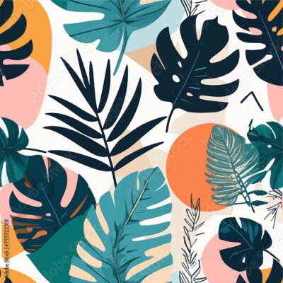 Papier peint  Beach cheerful seamless pattern wallpaper of tropical dark green leaves of palm trees and flowers bird of paradise (strelitzia) plumeria on a watercolor background