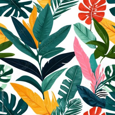 Papier peint  Beach cheerful seamless pattern wallpaper of tropical dark green leaves of palm trees and flowers bird of paradise (strelitzia) plumeria on a watercolor background