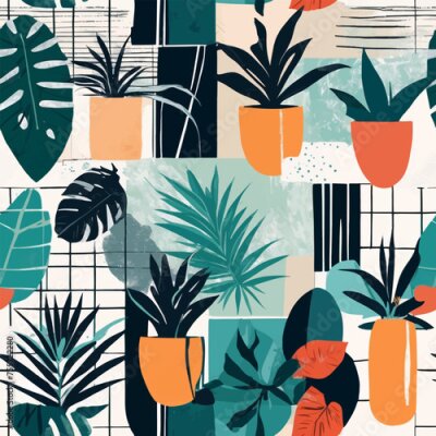 Papier peint  Beach cheerful seamless pattern wallpaper of tropical dark green leaves of palm trees and flowers bird of paradise (strelitzia) plumeria on a watercolor background