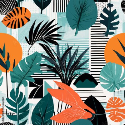 Papier peint  Beach cheerful seamless pattern wallpaper of tropical dark green leaves of palm trees and flowers bird of paradise (strelitzia) plumeria on a watercolor background