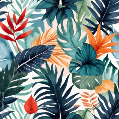 Papier peint  Beach cheerful seamless pattern wallpaper of tropical dark green leaves of palm trees and flowers bird of paradise (strelitzia) plumeria on a watercolor background