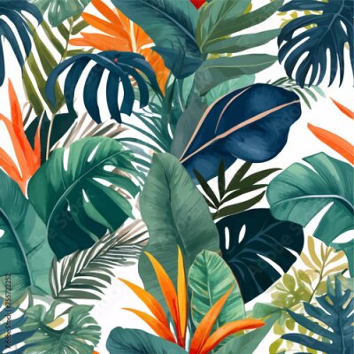 Papier peint  Beach cheerful seamless pattern wallpaper of tropical dark green leaves of palm trees and flowers bird of paradise (strelitzia) plumeria on a watercolor background