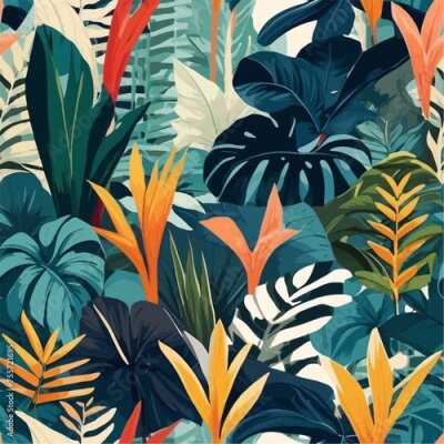 Papier peint  Beach cheerful seamless pattern wallpaper of tropical dark green leaves of palm trees and flowers bird of paradise (strelitzia) plumeria on a watercolor background