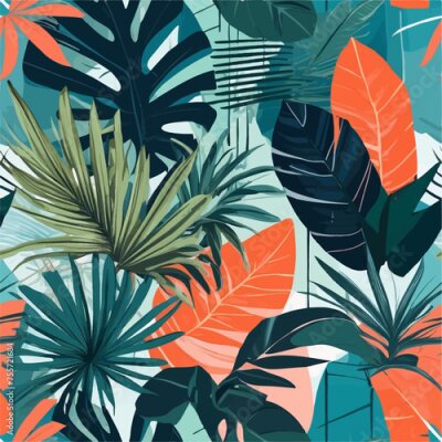Papier peint  Beach cheerful seamless pattern wallpaper of tropical dark green leaves of palm trees and flowers bird of paradise (strelitzia) plumeria on a watercolor background