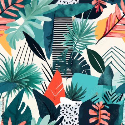 Papier peint  Beach cheerful seamless pattern wallpaper of tropical dark green leaves of palm trees and flowers bird of paradise (strelitzia) plumeria on a watercolor background