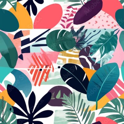 Papier peint  Beach cheerful seamless pattern wallpaper of tropical dark green leaves of palm trees and flowers bird of paradise (strelitzia) plumeria on a watercolor background