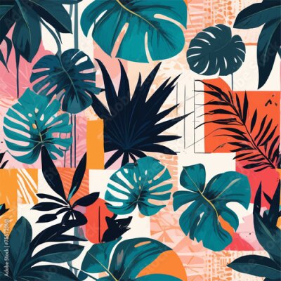 Papier peint  Beach cheerful seamless pattern wallpaper of tropical dark green leaves of palm trees and flowers bird of paradise (strelitzia) plumeria on a watercolor background