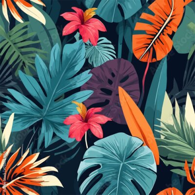 Papier peint  Beach cheerful seamless pattern wallpaper of tropical dark green leaves of palm trees and flowers bird of paradise (strelitzia) plumeria on a watercolor background