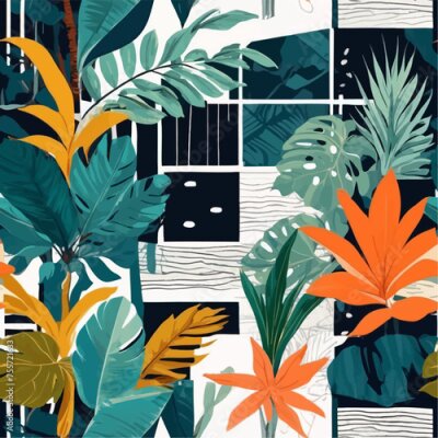 Papier peint  Beach cheerful seamless pattern wallpaper of tropical dark green leaves of palm trees and flowers bird of paradise (strelitzia) plumeria on a watercolor background