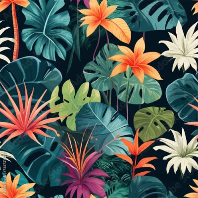 Papier peint  Beach cheerful seamless pattern wallpaper of tropical dark green leaves of palm trees and flowers bird of paradise (strelitzia) plumeria on a watercolor background