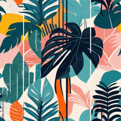Papier peint  Beach cheerful seamless pattern wallpaper of tropical dark green leaves of palm trees and flowers bird of paradise (strelitzia) plumeria on a watercolor background