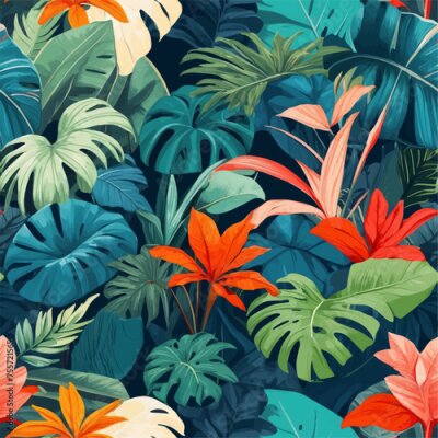Papier peint  Beach cheerful seamless pattern wallpaper of tropical dark green leaves of palm trees and flowers bird of paradise (strelitzia) plumeria on a watercolor background