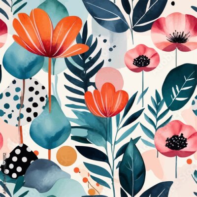 Papier peint  Beach cheerful seamless pattern wallpaper of tropical dark green leaves of palm trees and flowers bird of paradise (strelitzia) plumeria on a watercolor background