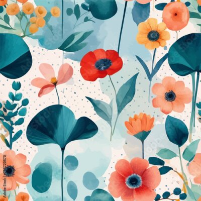 Papier peint  Beach cheerful seamless pattern wallpaper of tropical dark green leaves of palm trees and flowers bird of paradise (strelitzia) plumeria on a watercolor background