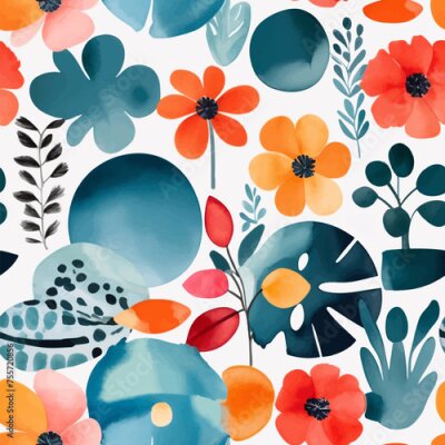 Papier peint  Beach cheerful seamless pattern wallpaper of tropical dark green leaves of palm trees and flowers bird of paradise (strelitzia) plumeria on a watercolor background