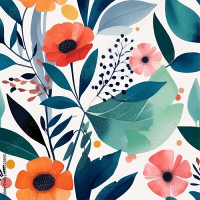 Papier peint  Beach cheerful seamless pattern wallpaper of tropical dark green leaves of palm trees and flowers bird of paradise (strelitzia) plumeria on a watercolor background