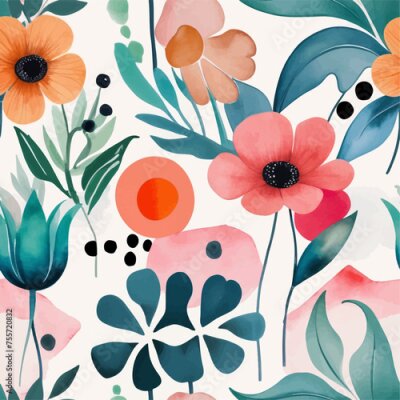 Papier peint  Beach cheerful seamless pattern wallpaper of tropical dark green leaves of palm trees and flowers bird of paradise (strelitzia) plumeria on a watercolor background