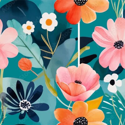 Papier peint  Beach cheerful seamless pattern wallpaper of tropical dark green leaves of palm trees and flowers bird of paradise (strelitzia) plumeria on a watercolor background