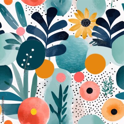 Papier peint  Beach cheerful seamless pattern wallpaper of tropical dark green leaves of palm trees and flowers bird of paradise (strelitzia) plumeria on a watercolor background