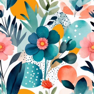 Papier peint  Beach cheerful seamless pattern wallpaper of tropical dark green leaves of palm trees and flowers bird of paradise (strelitzia) plumeria on a watercolor background