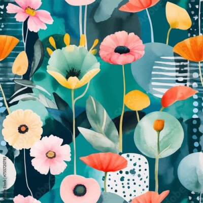 Papier peint  Beach cheerful seamless pattern wallpaper of tropical dark green leaves of palm trees and flowers bird of paradise (strelitzia) plumeria on a watercolor background