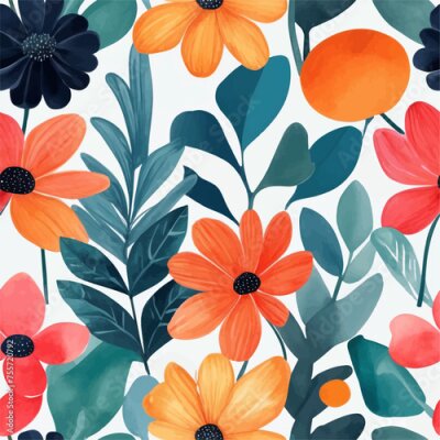 Papier peint  Beach cheerful seamless pattern wallpaper of tropical dark green leaves of palm trees and flowers bird of paradise (strelitzia) plumeria on a watercolor background