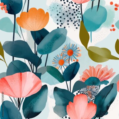 Papier peint  Beach cheerful seamless pattern wallpaper of tropical dark green leaves of palm trees and flowers bird of paradise (strelitzia) plumeria on a watercolor background