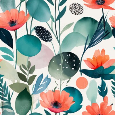 Papier peint  Beach cheerful seamless pattern wallpaper of tropical dark green leaves of palm trees and flowers bird of paradise (strelitzia) plumeria on a watercolor background