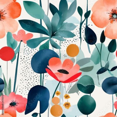 Papier peint  Beach cheerful seamless pattern wallpaper of tropical dark green leaves of palm trees and flowers bird of paradise (strelitzia) plumeria on a watercolor background