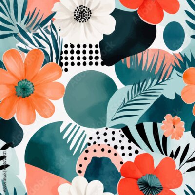 Papier peint  Beach cheerful seamless pattern wallpaper of tropical dark green leaves of palm trees and flowers bird of paradise (strelitzia) plumeria on a watercolor background