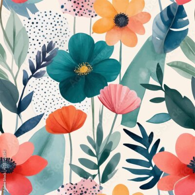 Papier peint  Beach cheerful seamless pattern wallpaper of tropical dark green leaves of palm trees and flowers bird of paradise (strelitzia) plumeria on a watercolor background