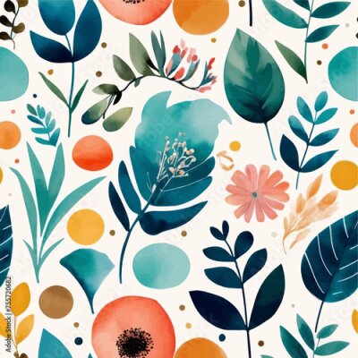 Papier peint  Beach cheerful seamless pattern wallpaper of tropical dark green leaves of palm trees and flowers bird of paradise (strelitzia) plumeria on a watercolor background