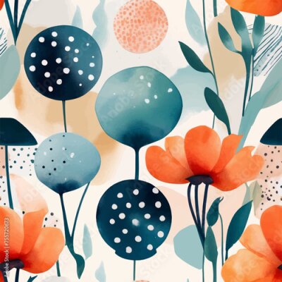 Papier peint  Beach cheerful seamless pattern wallpaper of tropical dark green leaves of palm trees and flowers bird of paradise (strelitzia) plumeria on a watercolor background