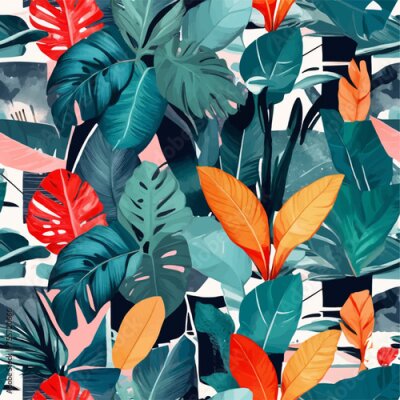 Papier peint  Beach cheerful seamless pattern wallpaper of tropical dark green leaves of palm trees and flowers bird of paradise (strelitzia) plumeria on a watercolor background
