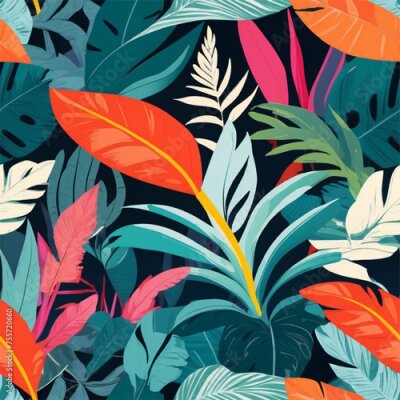 Papier peint  Beach cheerful seamless pattern wallpaper of tropical dark green leaves of palm trees and flowers bird of paradise (strelitzia) plumeria on a watercolor background