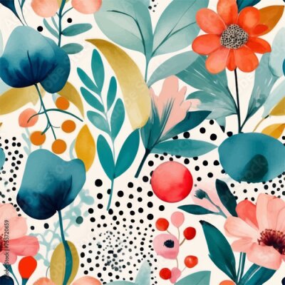 Papier peint  Beach cheerful seamless pattern wallpaper of tropical dark green leaves of palm trees and flowers bird of paradise (strelitzia) plumeria on a watercolor background